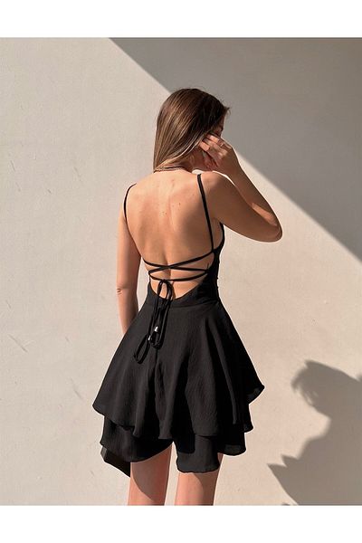 FASHION COCKTAIL Back Corset Tied Straps A-line Flared Dress Look Shorts Jumpsuit Black