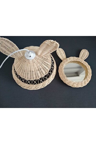 Veneris Home Çocuk Odası Avize Ve Ayna Seti, Rattan Bambu Hasır Avize, Tavşan Kulaklı Avize