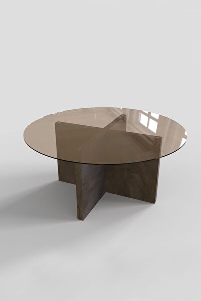 Decorita Cam Orta Sehpa | Yuvarlak Modern Sehpa | Atlas - Taş Desen Kaplama |...