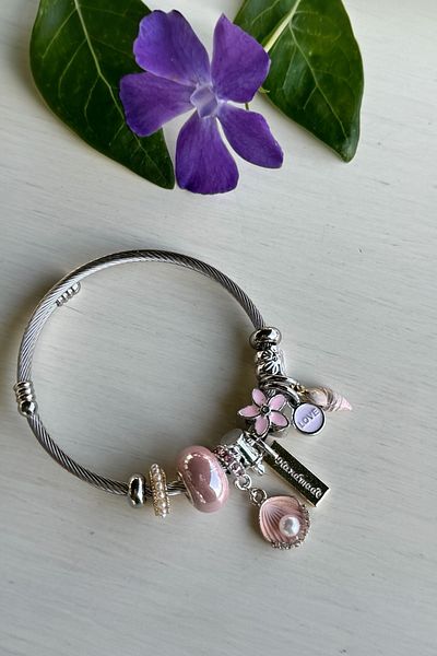 stainles steel 316L Steel - Charm Bracelet with Pink Styroid and Pearls