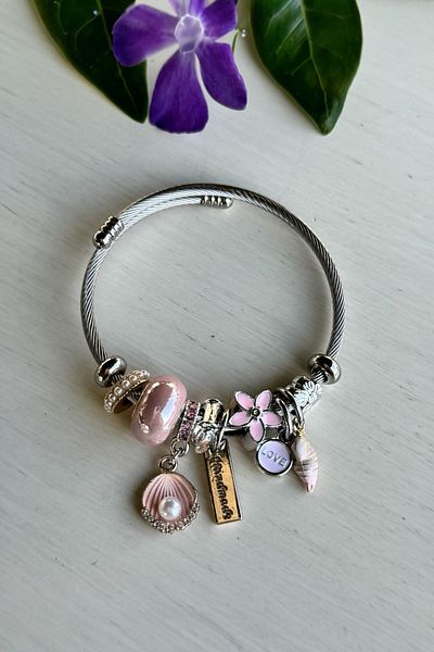 stainles steel 316L Steel - Charm Bracelet with Pink Styroid and Pearls