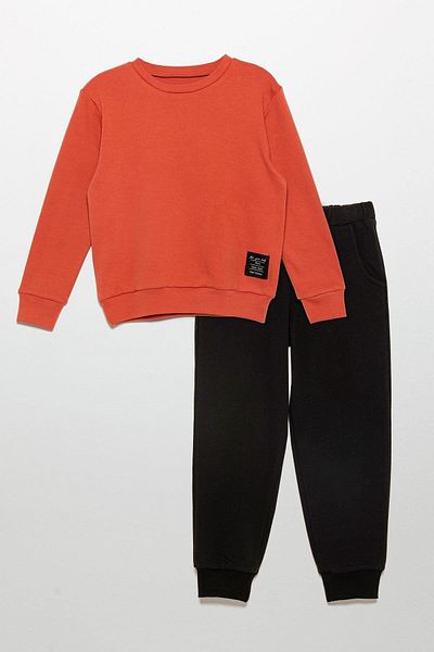 for you kids Label Detailed Sweatshirt Jogger Orange Bottom Top Set