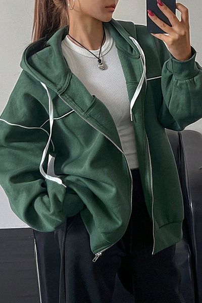 Know Women's 3 Thread Nefti Green Piping Detail Hooded Cardigan