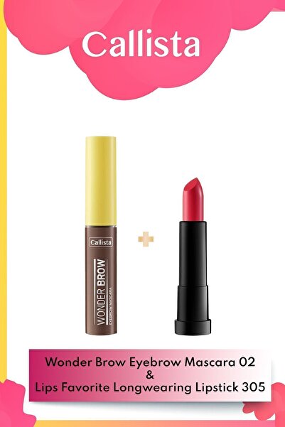 Callista Wonder Brow Kaş Maskarası 02 Kahve & Lips Favorite Longwearing Ruj 305 - Pembe Makyaj Seti