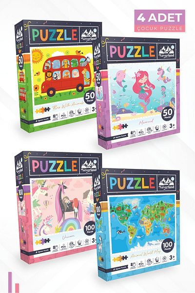 Neverland 4-Piece Children's Puzzle - Bus and Mermaid with 50 P. Animals and 100 P. Unicorn and Animal World Map