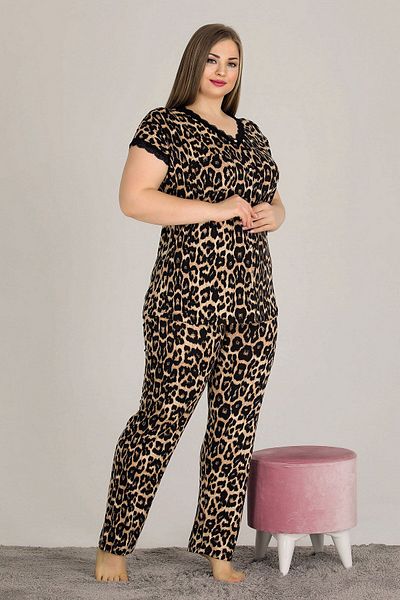 Lady Lingerie Leopard Patterned Cotton & Viscose Oversize Women's Pajamas Set - Short Sleeve, Shirt Collar