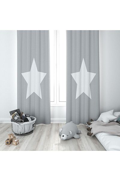 Lolla Single Star Patterned Gray Background Curtain - 250