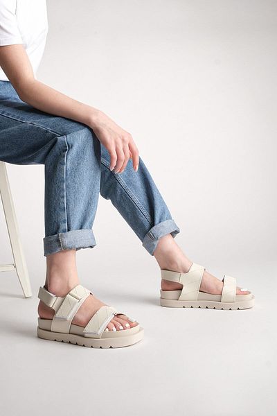 Marjin Women's Genuine Leather Daily Velcro Sandals Hifaz Beige