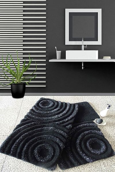 Chilai Home Wave Black Σετ 3 - Ακρυλικό Μπάνιο με Πλενόμενο Χαλί και Αντιολισθητική Βάση