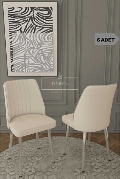 DEREN HOME Par Serisi 6 Adet Krem Silinebilir Kumaş Mutfak Salon Sandalyesi Gümüş Metal Ayak