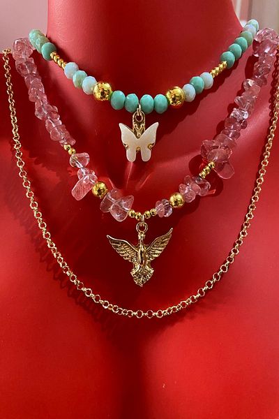 Bourgogne2021 Stainless Triple Natural Stone Necklace Set for Women - Broken Color