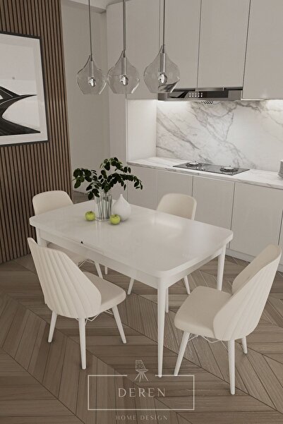 DEREN HOME Alfa Serisi, 80x132 Açılabilir Mdf Mutfak Ve Yemek Masası Takımı 4...