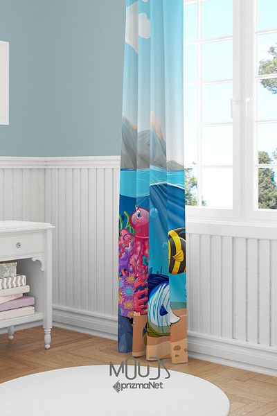 Moud's Sea Animals Patterned Suede Background Curtain - Children's and Baby's Room, Extra String - Single Wing
