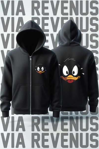 Vordevia Hanorac unisex cu glugă Daffy Duck - Cardigan cu fermoar cu imprimeu în față și în spate