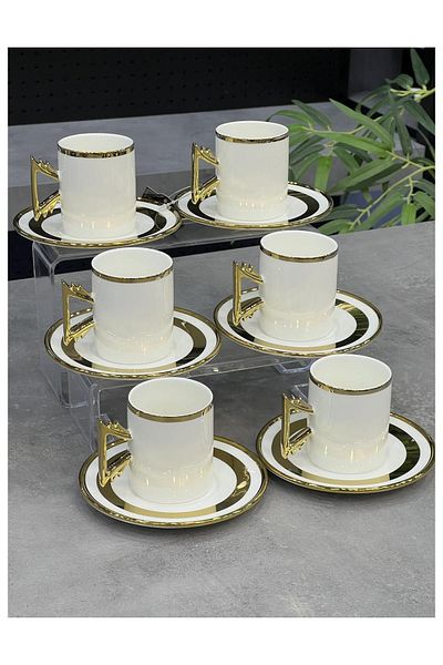 Doğudeko 6-Piece Paulo Gold Cup Set - Luxury Porcelain, White