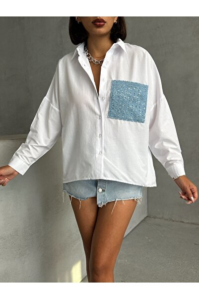 Miss Allos Women's Embroidery Shirt - Pocket Detail, Denim Garni and Sequin Sequins