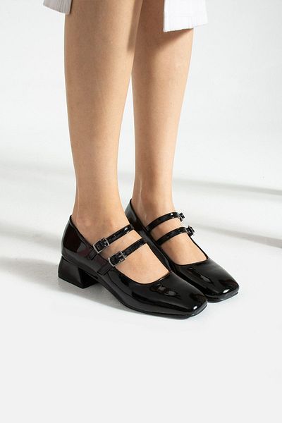 Papuckurdu Women's Mary Jane Black Patent Leather Closed Back Double Band Square Toe Short Block Heeled Shoes