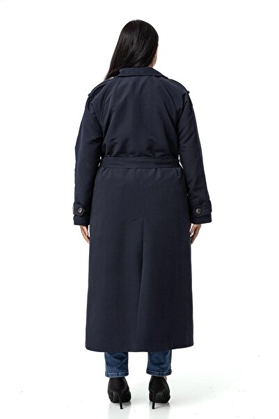 DISENTIS MODEST Navy Blue Long Trench Coat - Plus Size, Mono Collar, Double Breasted Closure and Slit Lining