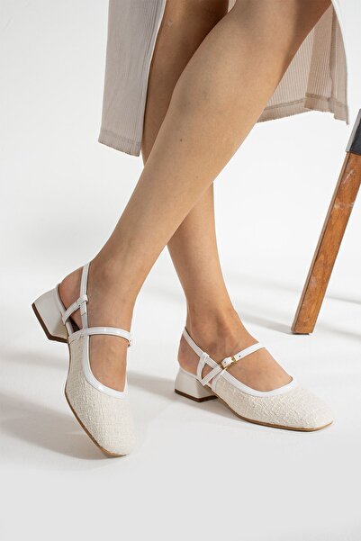 Papuckurdu Παπούτσια μπαλαρίνας με κοντό τακούνι από λευκό τουίντ