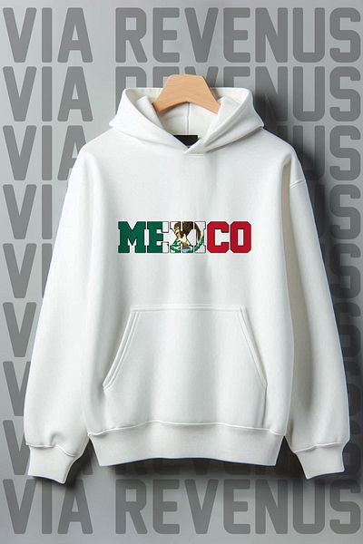 Vordevia Mexico Printed - Ribbed Wide Fit Hooded Sweatshirt Made of 3 Thread