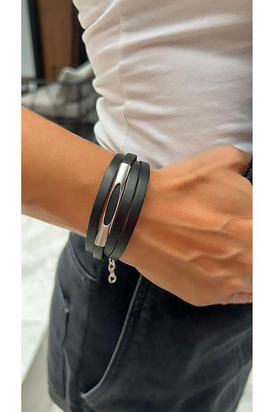 Kutcha Accessories Black Silver Special Design Leather Bracelet