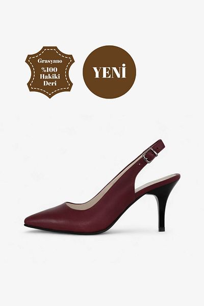 Grasyano Burgundy Genuine Leather Sandals - Soft Genuine Leather, Open Back 7.5 cm Stiletto Heels