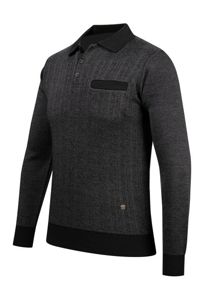 Çizgi Triko Ανδρικό πλεκτό πουλόβερ με ριγέ γιακά πόλο - Διακοσμητικά μπράτσα και λάστιχο μέσης, ατσάλινο πλεκτό - 5005F