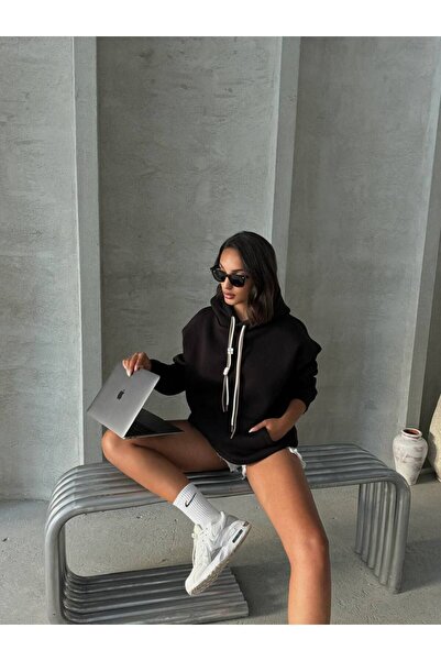 İLKCET MODA Oversize Γυναικείο Φούτερ - Με Δαντέλα Λεπτομέρεια