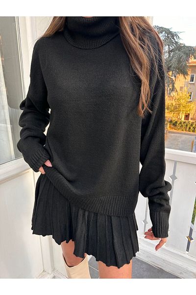 Lusin Women's Turtleneck Skirt Oversize Turtleneck Sweater Skirt Double Knitwear Set