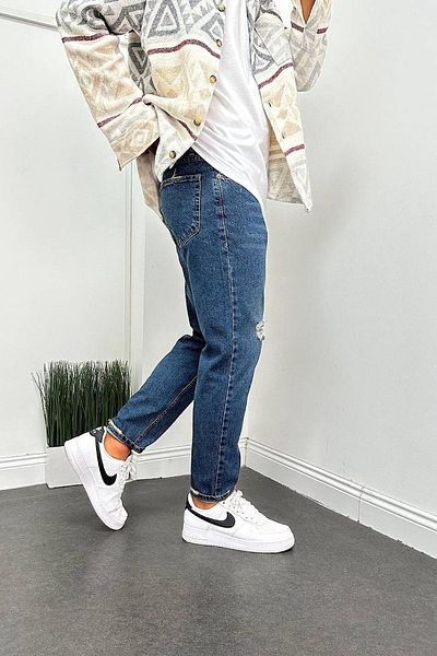 Denim Shorty Boyfriend Dark Blue Distressed Detailed Jeans