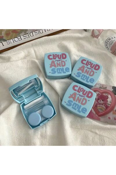 Lux Cosmetics Sevimli Cloud and Smile Aynalı Kontakt Lens Kutusu Taşıma Kutusu Mavi
