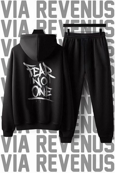 Vordevia Unisex Fear No One Printed Honey Badger Hooded Tracksuit Set - Wide Fit