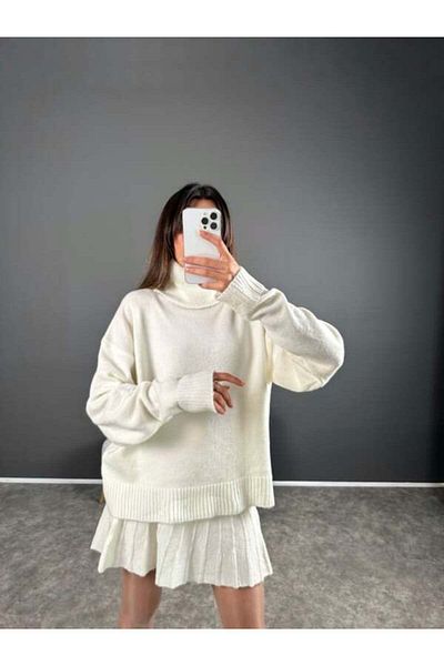 Lusin Women's Turtleneck Skirt Oversize Turtleneck Sweater Skirt Double Knitwear Set