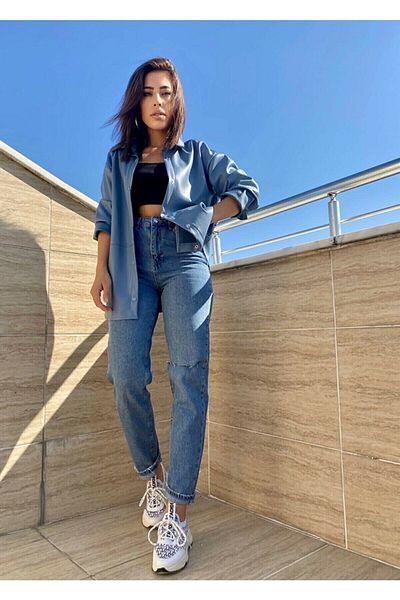 DRC trend Blugi din denim cu talie înaltă Mom Lycra albastru mediu