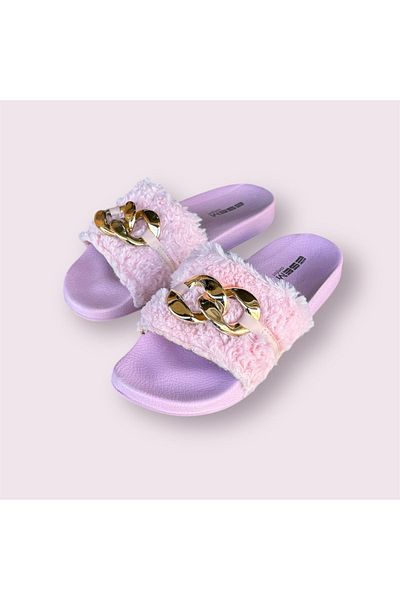 Esem Papuci de damă cu talpă ușoară și pene cu detaliu de lanț - Design casual pentru casă și birou