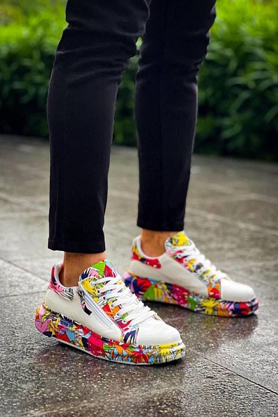 MELAMS Pantofi sport casual pentru bărbați, cu fermoar, cu model de crocodil JENA - ALB/MULTICOLOR - KBC