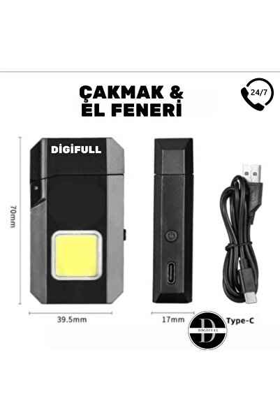 DİGİFULL Sİyah Gazsız Rezistanslı Elektrikli Usb Şarjlı Çakmak Mini Cob El Fenerli 2 ın 1 Mini Projektörlü