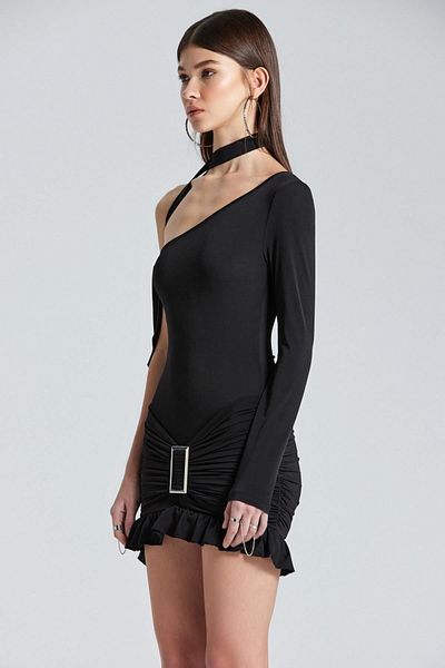 boutiquen 2440 Μαύρο φόρεμα με ένα μανίκι με λεπτομέρεια με βολάν με ζώνη φούστας
