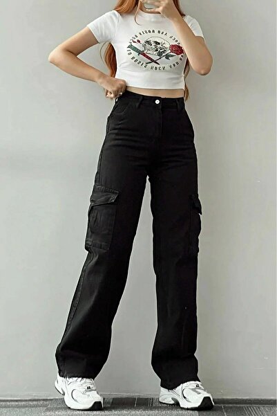 DRC trend Kalhoty Dora Black Colorfast Lycra Backless Model Cargo Palazzo