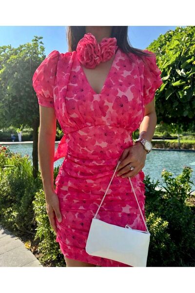 Afiş Butik Fuşya Çiçek Desenli Drapeli Mini Elbise