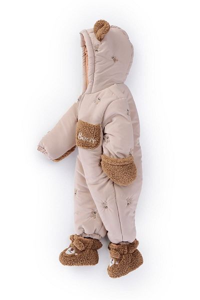 PODİUM GİYİM Trend Baby Cute Bear Figured Winter Furry Booties-Hooded Cosmonaut-Astronaut Jumpsuit with Gloves
