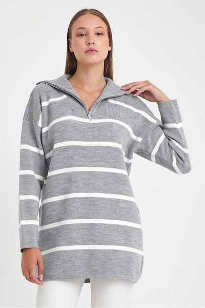 AYASOFYA OTANTIK Gray Striped Zipper Closure Women's Knitwear Tunic