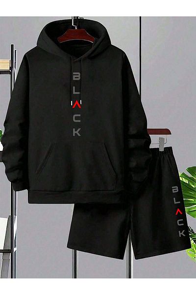 aynewmoda Black Oversize Hooded Sweatshirt and Shorts Set - Top and Bottom Printed