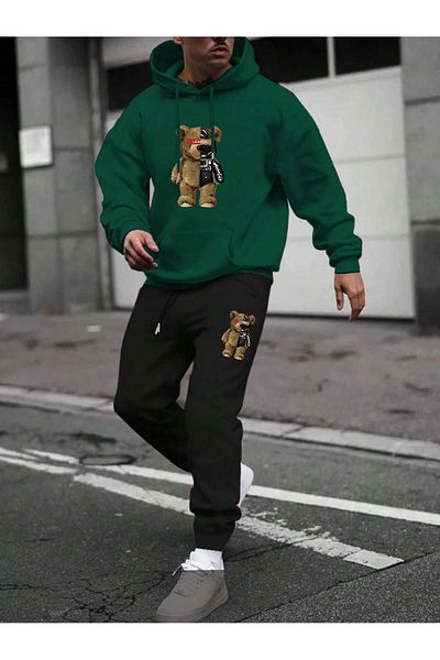 aynewmoda Teddy Bear Bottom Top Front Printed Hoodie Oversize Khaki Sweatshirt and Black Sweatpants Bottom Top Set