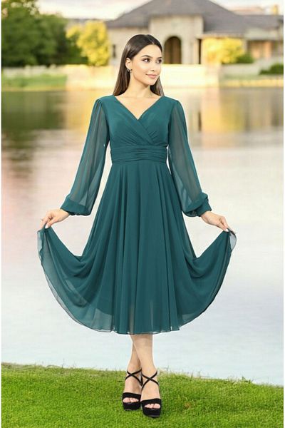 FaBe Fashion Long Sleeve Double Breasted Collar Midi Chiffon Dress