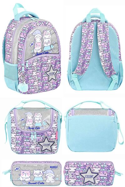 MUGGLE Üç Bölmeli İlkokul Çantası Meow Kedi Koleksiyonu Beslenme Çantası Kale...