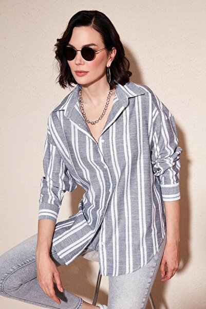 Lela Çizgili Keten Karışımlı Oversize Gömlek GÖMLEK 669202512S4