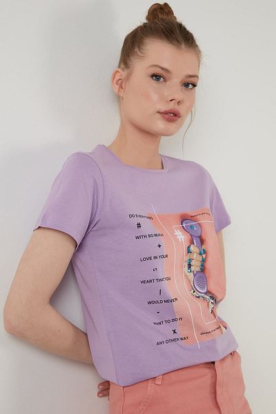 Lela Tricou din bumbac mov, cu imprimeu, cu decolteu, 6001003