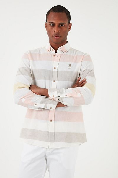 U.S. Polo Assn. ΒΑΣΗ. Ανδρικό πουκάμισο Polo ριγέ - Μίγμα βαμβακιού και λινού, κανονική εφαρμογή G081SZ 0041837589