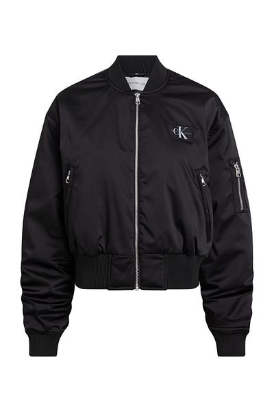 Calvin Klein Women's Brand Badge Logo Ribbed Collar Crop Cut Shiny Satin Black Coat Suitable for Daily Use